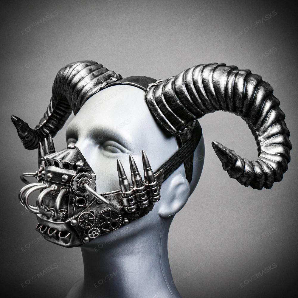 Silver Devil Ram Horn Headband w/ Mouth Cover Mask Hallween Party Costume
